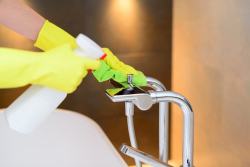 Professional commercial cleaning in a modern office lobby